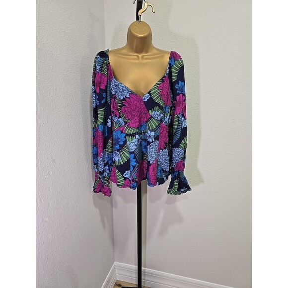Sofia Vergera Babydoll Floral Top Blouse Womens XL Ruched Colorful Soft Vacation - Picture 9 of 9